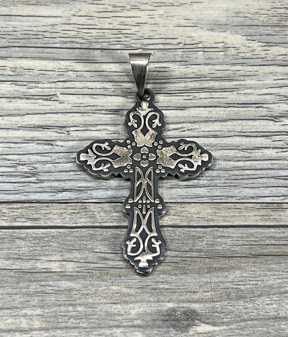 Intricate 925 Sterling Silver CII Ornate Cross Pendant 2" Mexico 10g
